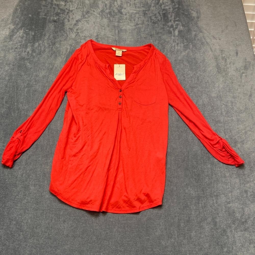 Lucky Brand Blouse Top Womens Medium Red Henley V Neck Travel Roll Tab Sleeve